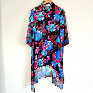Aldila Tunic Top Button Down High Floral Sheer Resortwear Coverup Lagenlook M/L